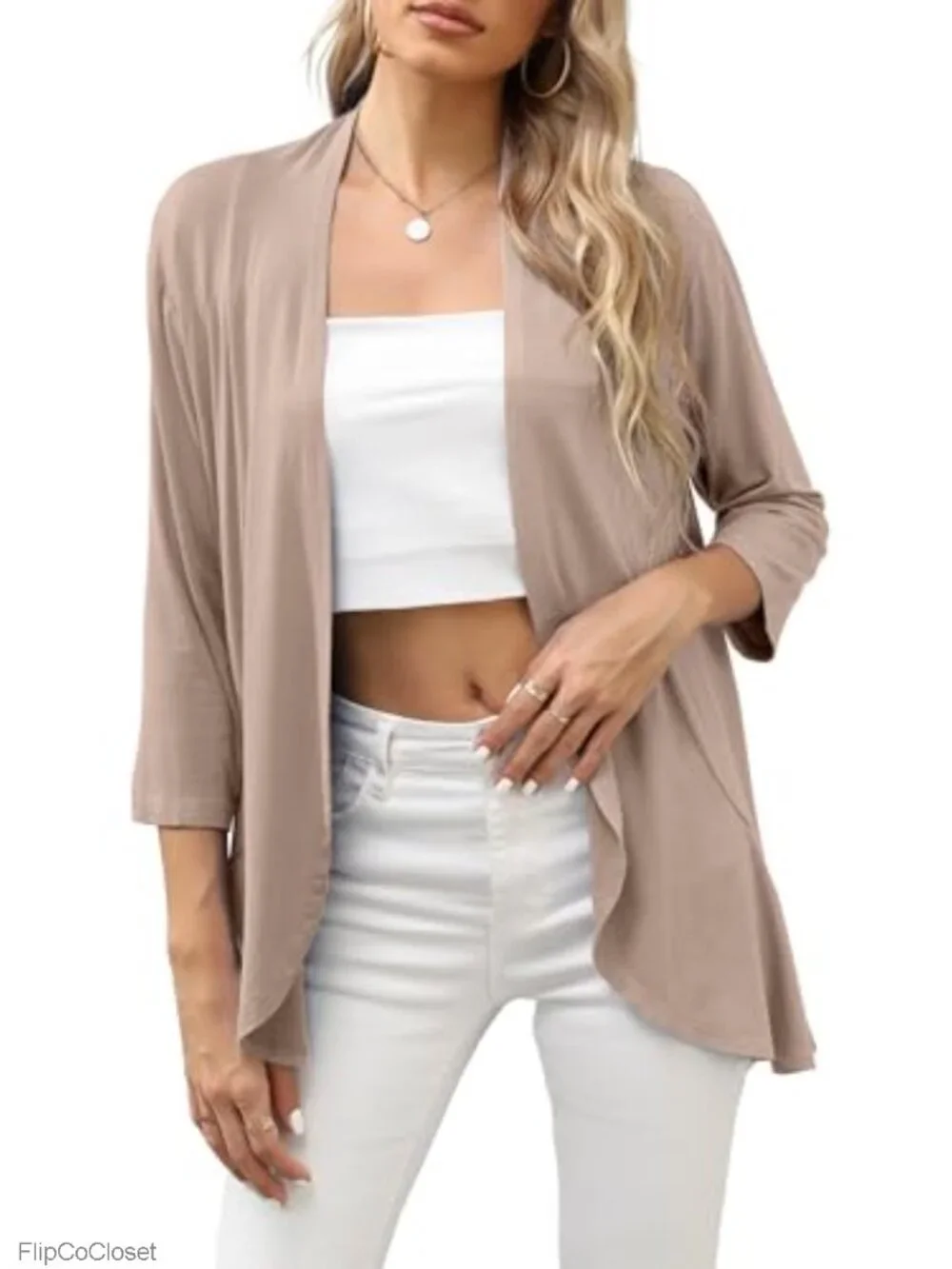 Women's Lightweight 3/4 Sleeve Cardigan Open Front Ruffled Shrug 95% Viscose